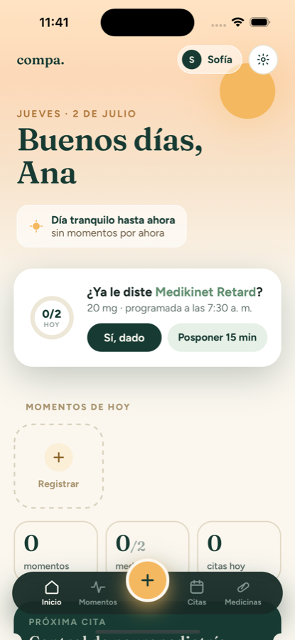 Pantalla de inicio de compa: saludo cálido, el clima del día y la próxima medicina