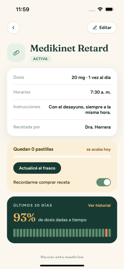 Detalle de una medicina: dosis, horario, cuántas pastillas quedan y cómo va el mes